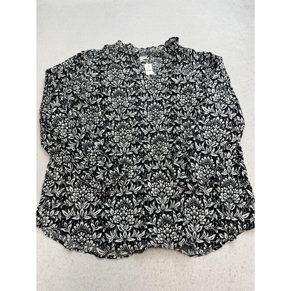 Talbots Blouse Womens 2X Black Floral Ruffle Neck 3/4 Puff Sleeve Tunic Top